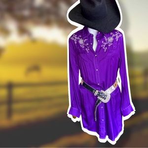 WRANGLERS western yoke embroidered rhinestone snaps purple shirt dress